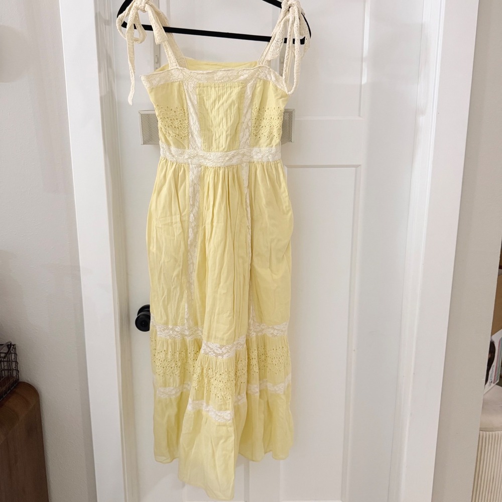 LoveShackFancy Ayala Dress Butter Yellow Lace Cotton Midi Tie Size 2 Cottagecore
